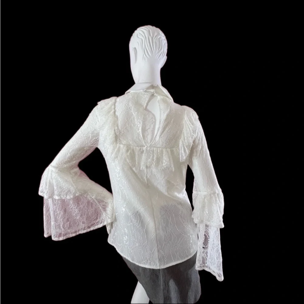 White Lace Blouse Button Collar Long Bell Sleeves